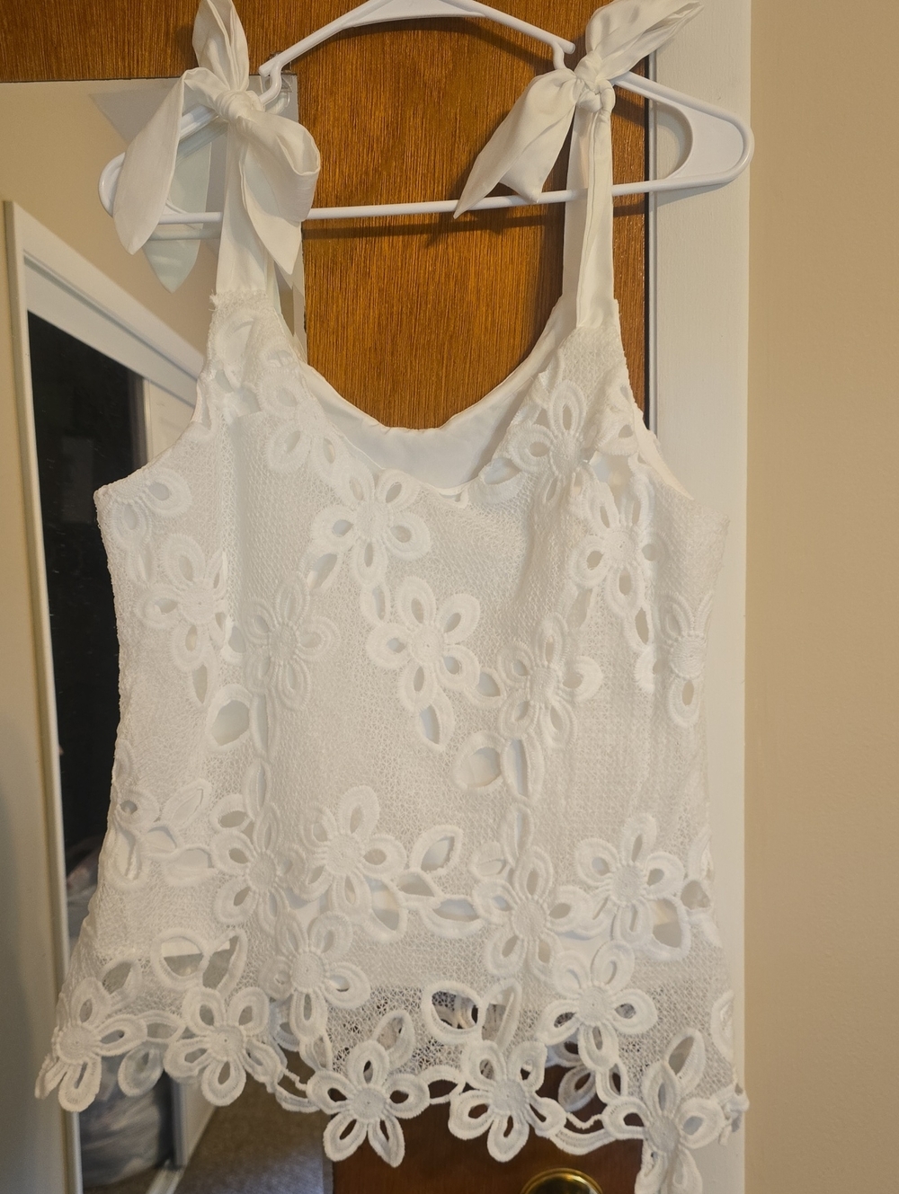 SHEIN White Floral Eyelet Tie-Shoulder Tank Top